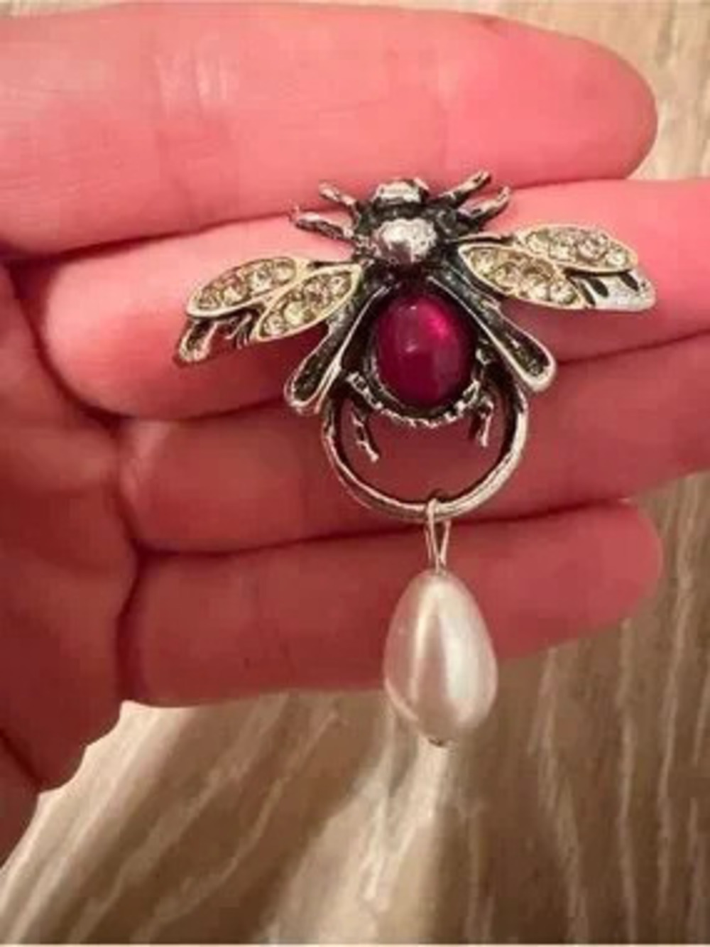 Silver Bee Earrings with Red Stone and Pearl Drop